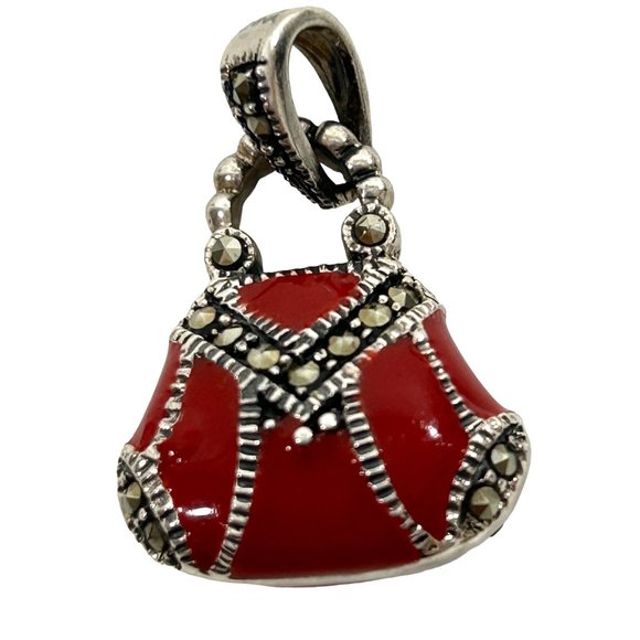 Women’s Pendant Red Enamel Purse Sterling Silver 925 Vintage Marcasite Stones - Picture 12 of 15